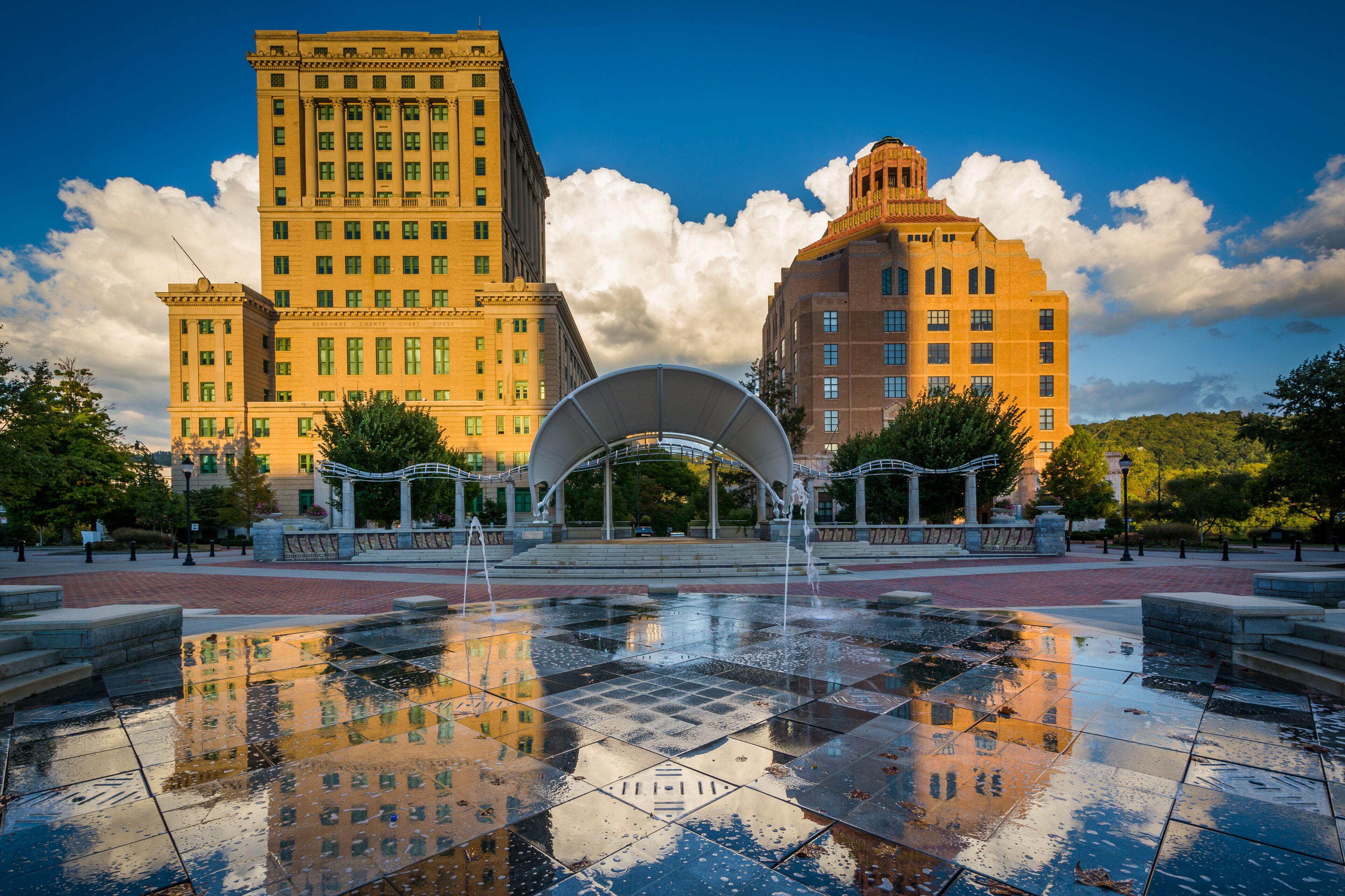 Amazing dusk view of Pack Square in downtown Asheville
