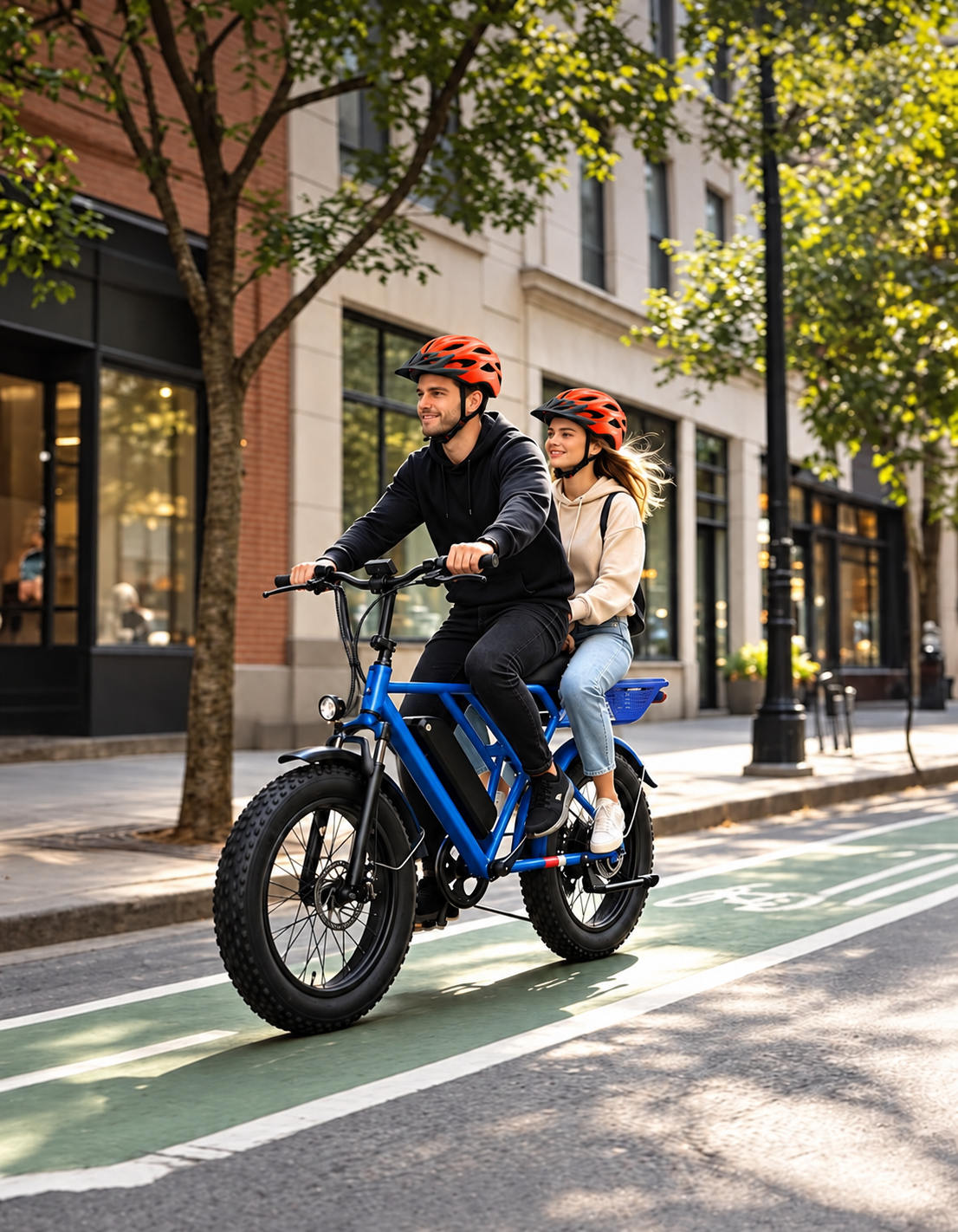 Parent and child riding the Jasion Retrovolt passenger bike